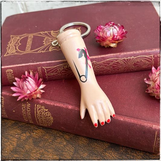 Porcelain Doll Arm Key Ring - Pink Safety Pin