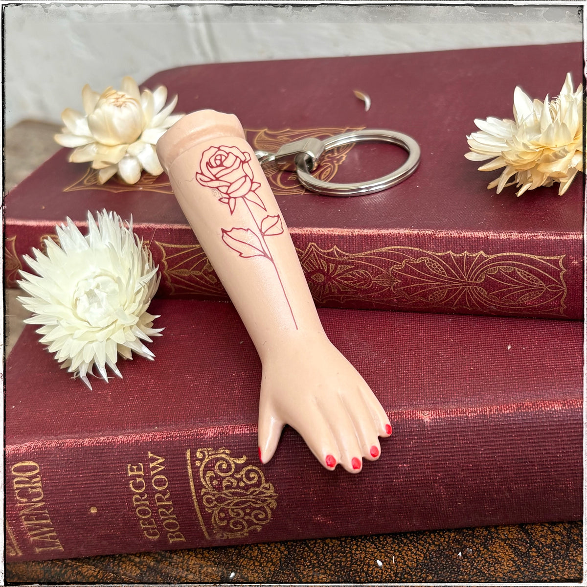 Porcelain Doll Arm Key Ring - Rose Gold Rose