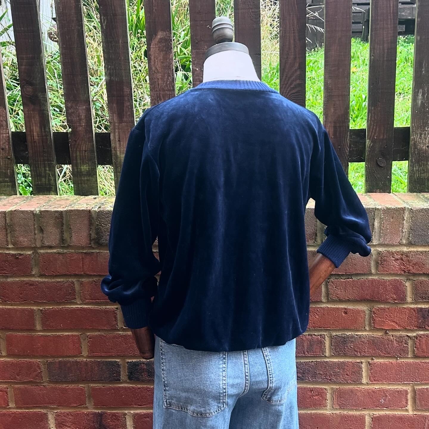 Vintage 80s Navy Velour V Neck Sweatshirt