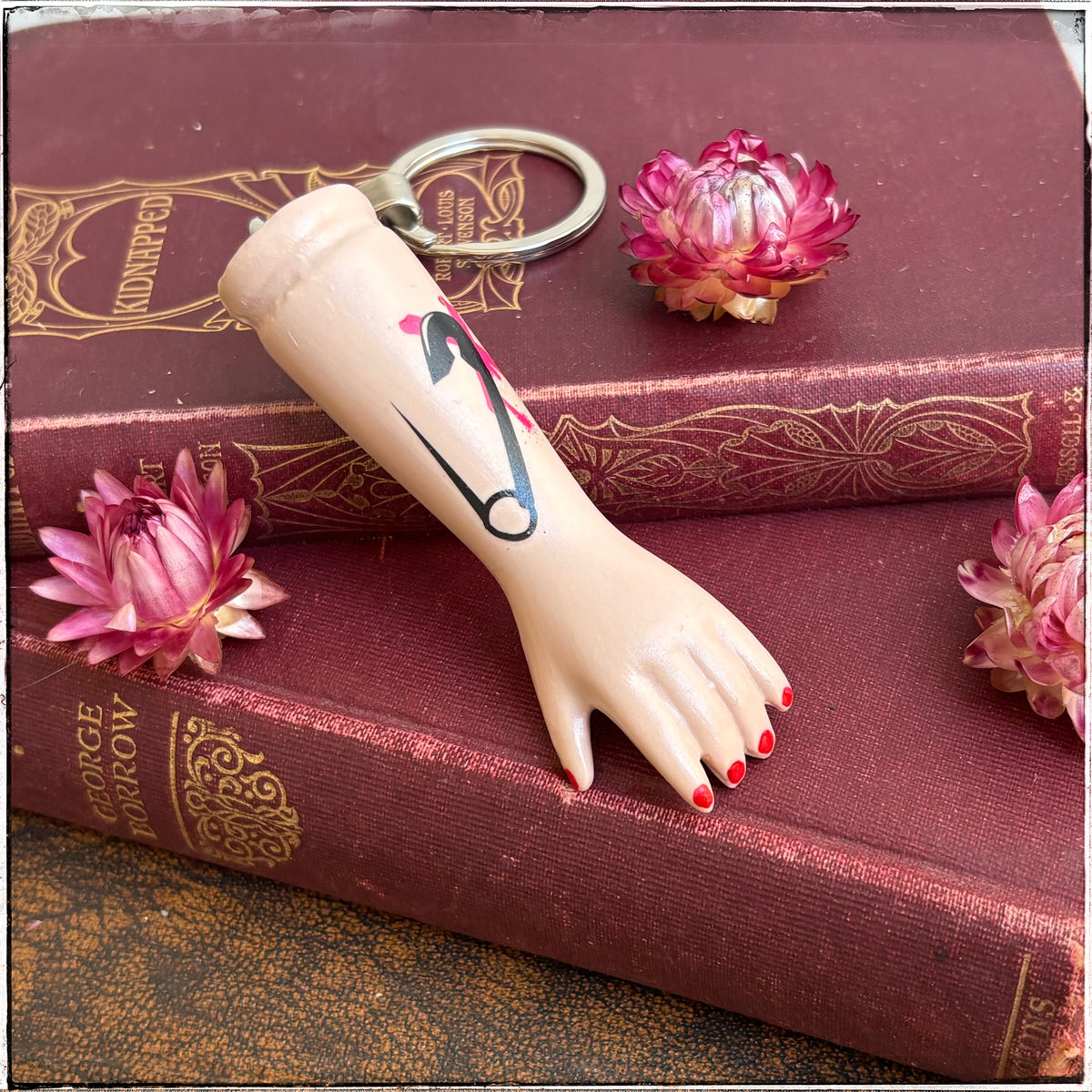 Porcelain Doll Arm Key Ring - Pink Safety Pin