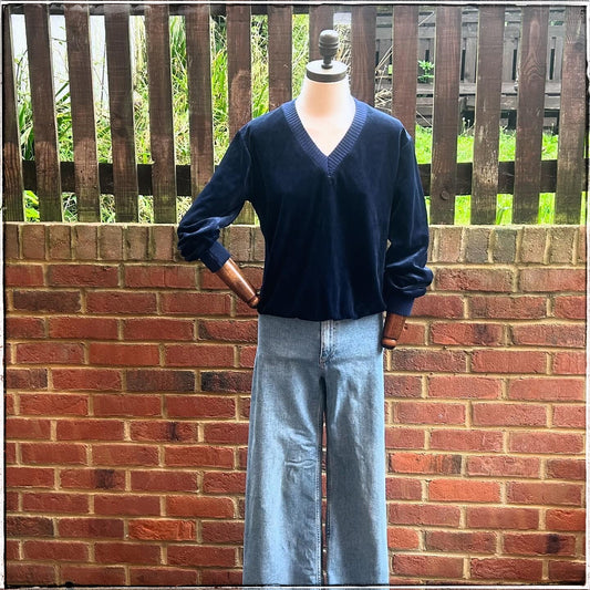 Vintage 80s Navy Velour V Neck Sweatshirt