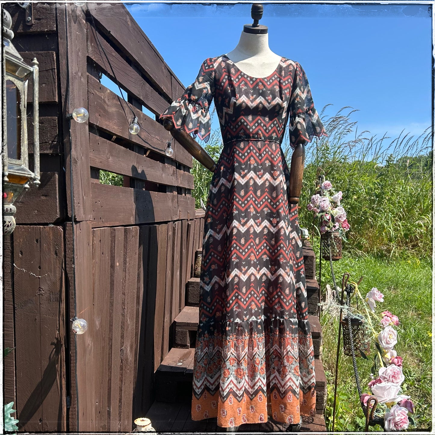 70s Vintage Geometric Print Maxi Dress