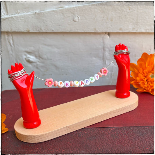 Medium Recycled Porcelain Doll Arm Sign Holder - Be Happy