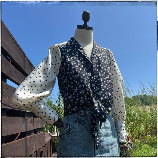 Vintage Topshop Black & White Floral Tie Waist Blouse
