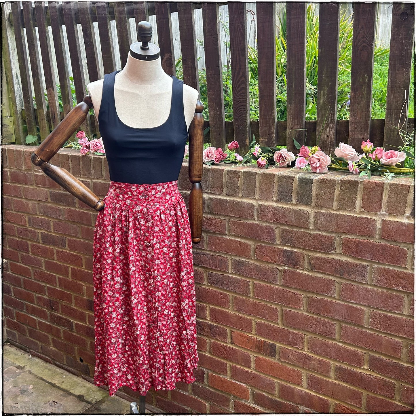 Vintage St Michael Rose Print Midi Skirt