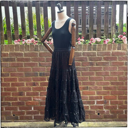 Vintage Fully Lined Black Lace Boho Maxi Skirt