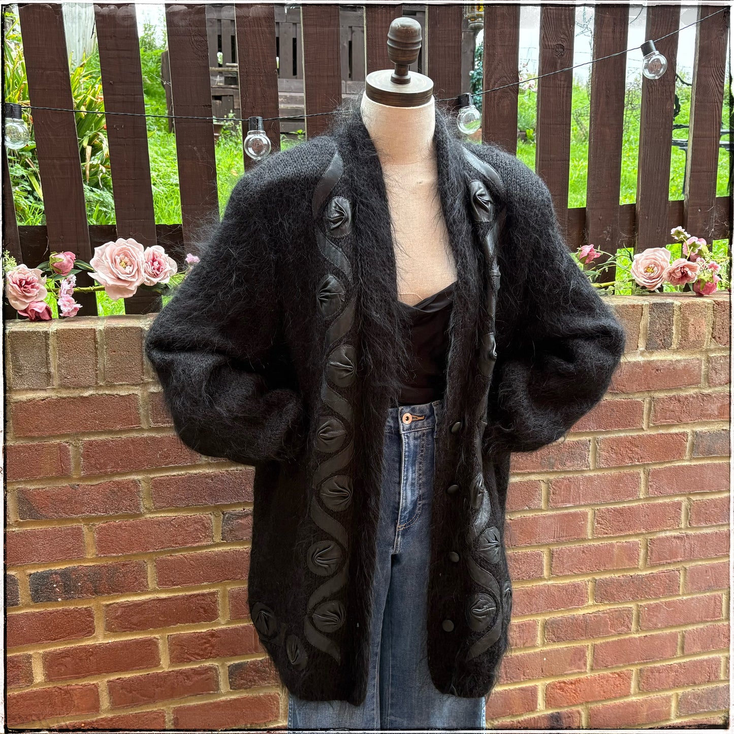 Vintage 80s Black Mohair Cardigan With Leather Appliqué