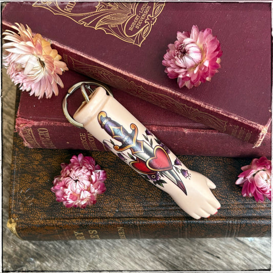 Large Porcelain Doll Arm Key Ring - Hearts & Dagger