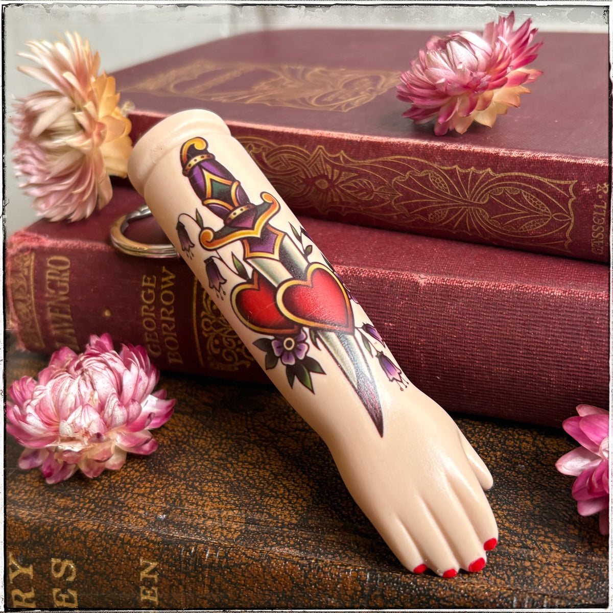 Large Porcelain Doll Arm Key Ring - Hearts & Dagger