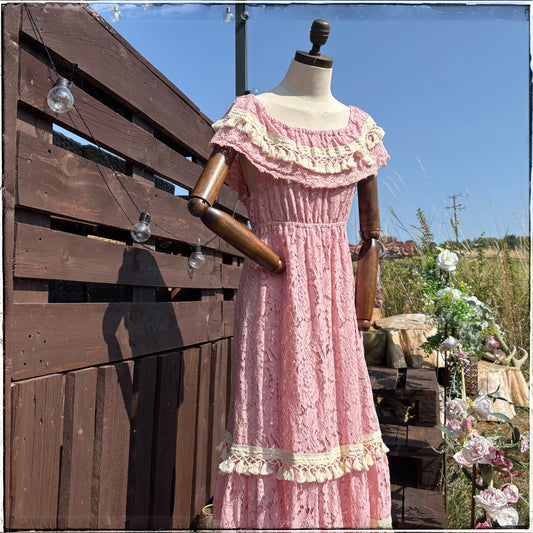 Vintage 70s Pink Ruffle Tassel Maxi Dress