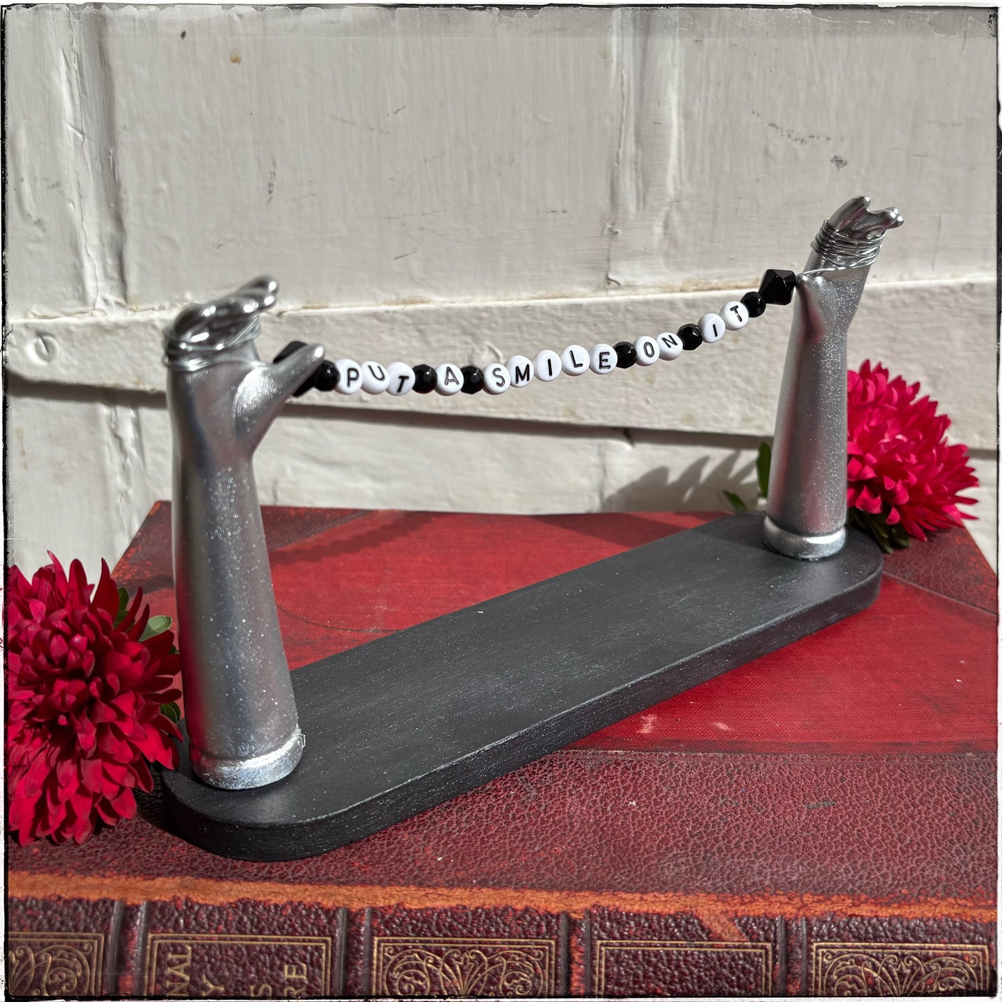 Large Recycled Porcelain Doll Arm Sign Holder - Put A Smile On It