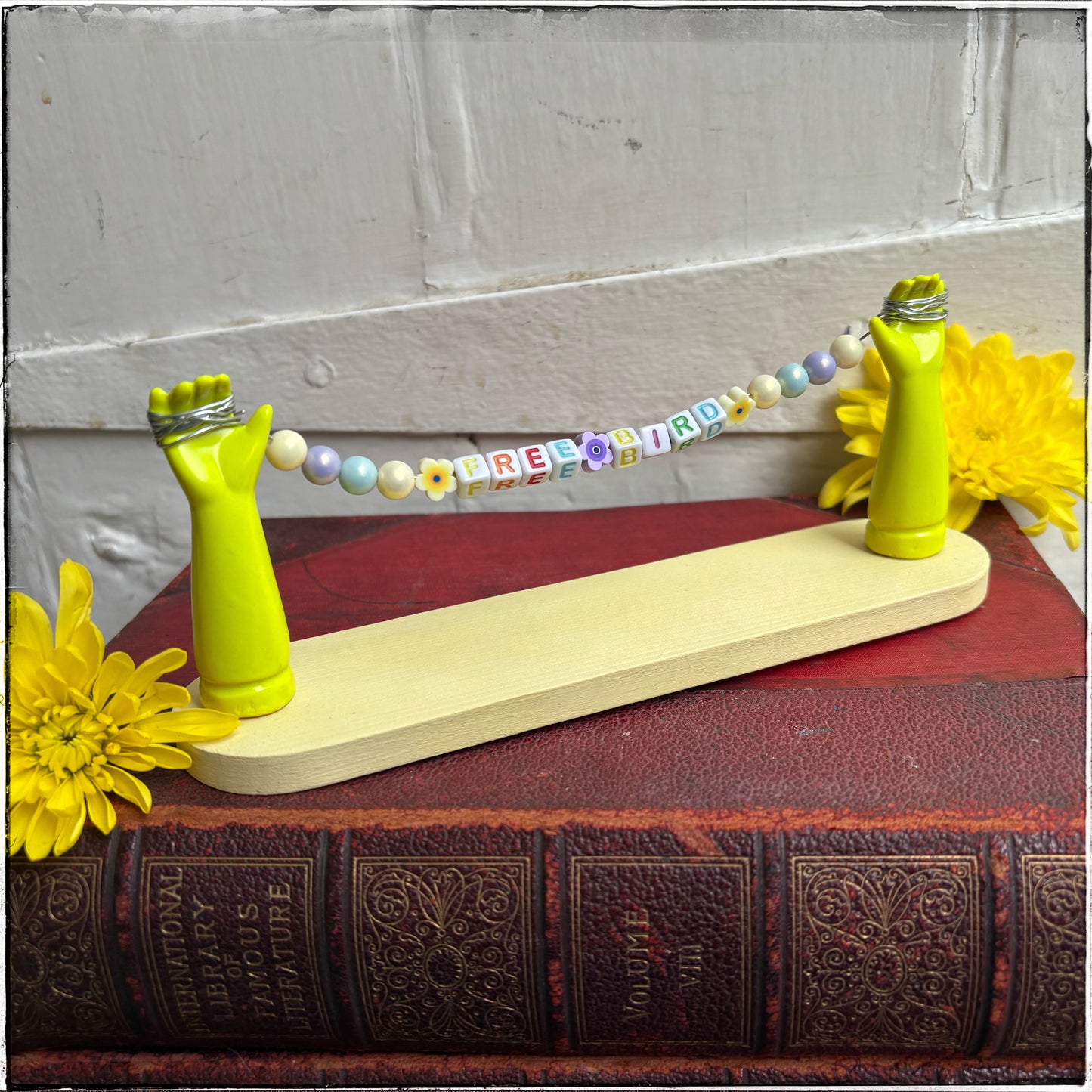 Large Recycled Porcelain Doll Arm Sign Holder - Free Bird