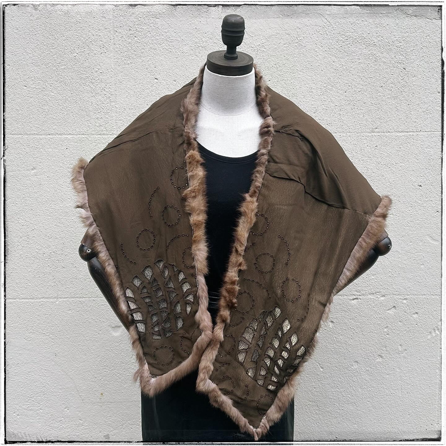 Vintage Large Brown Embroidered Real Fur Stole