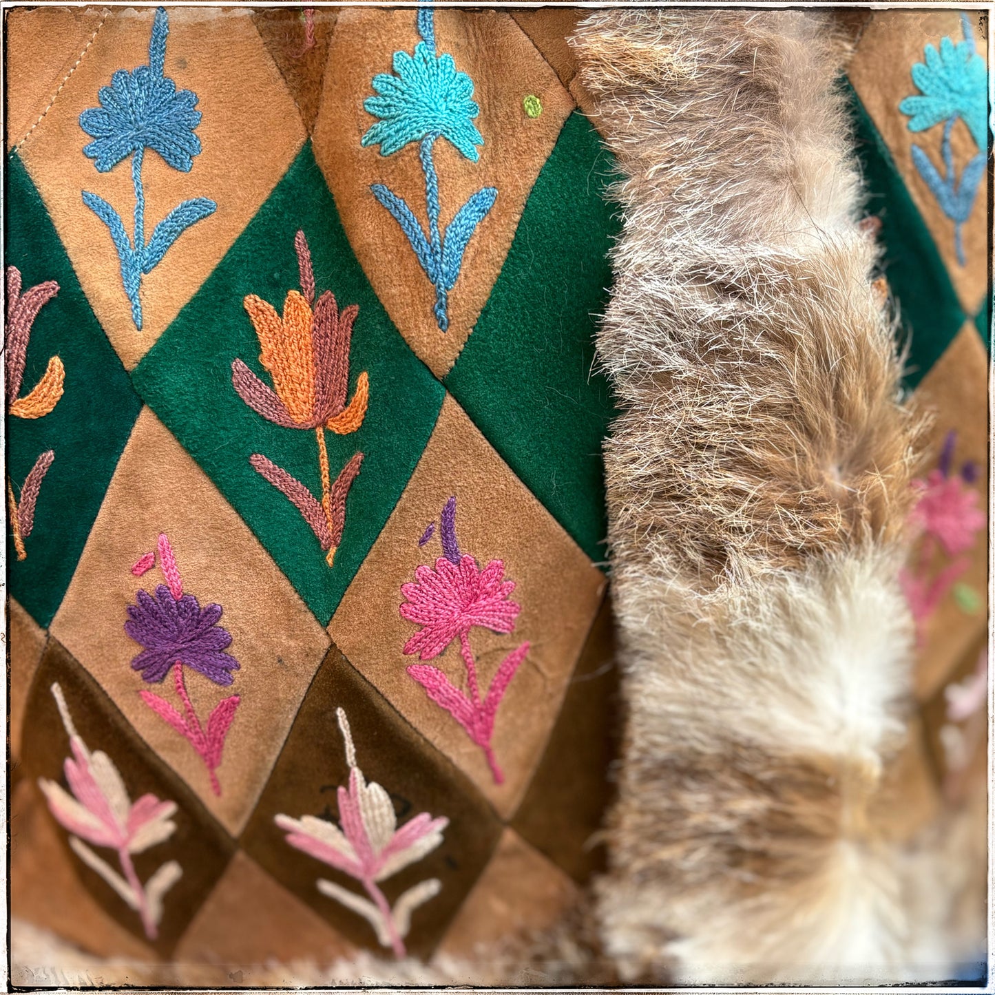 Vintage 70s Suede Embroidered Fur Trim Gilet Waistcoat