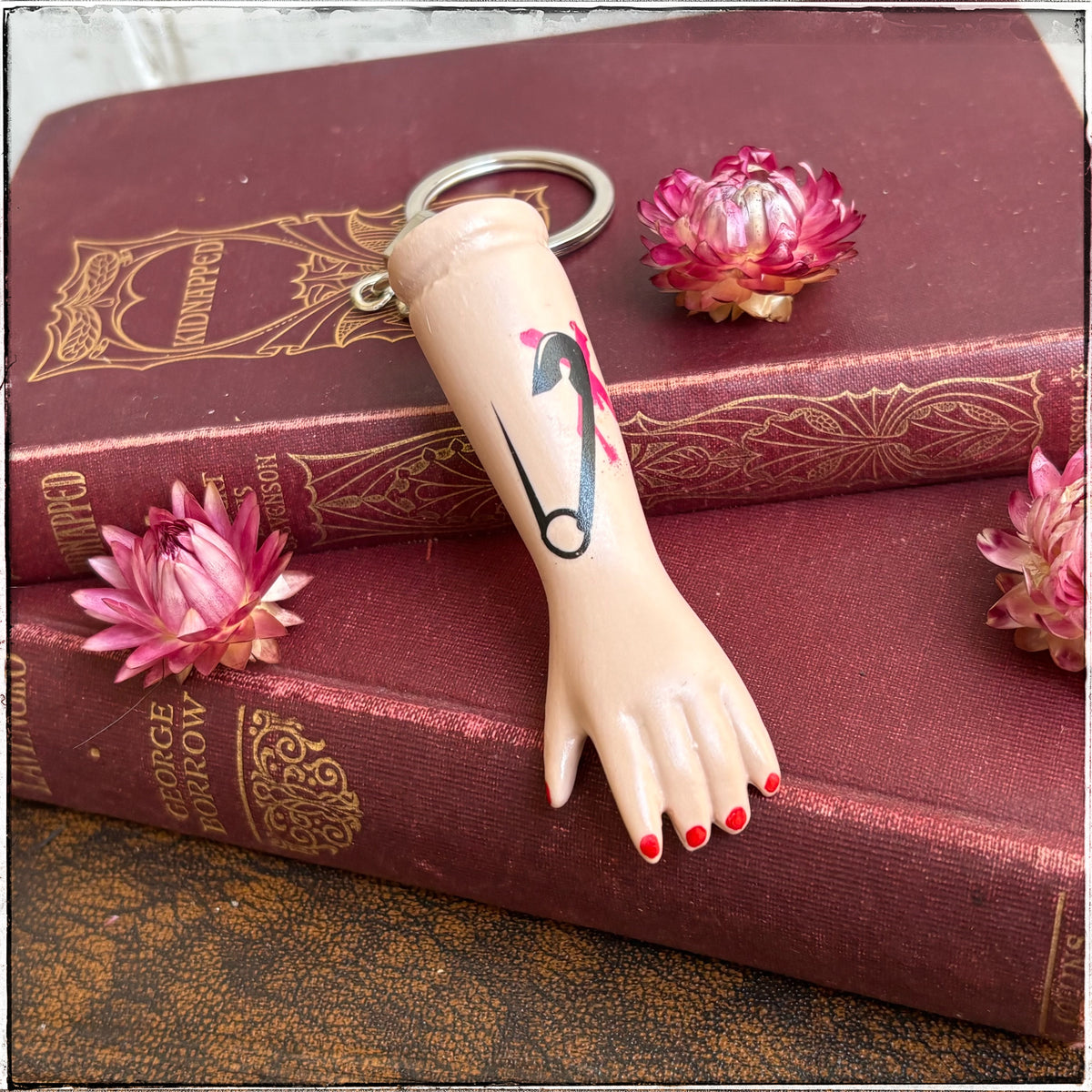 Porcelain Doll Arm Key Ring - Pink Safety Pin