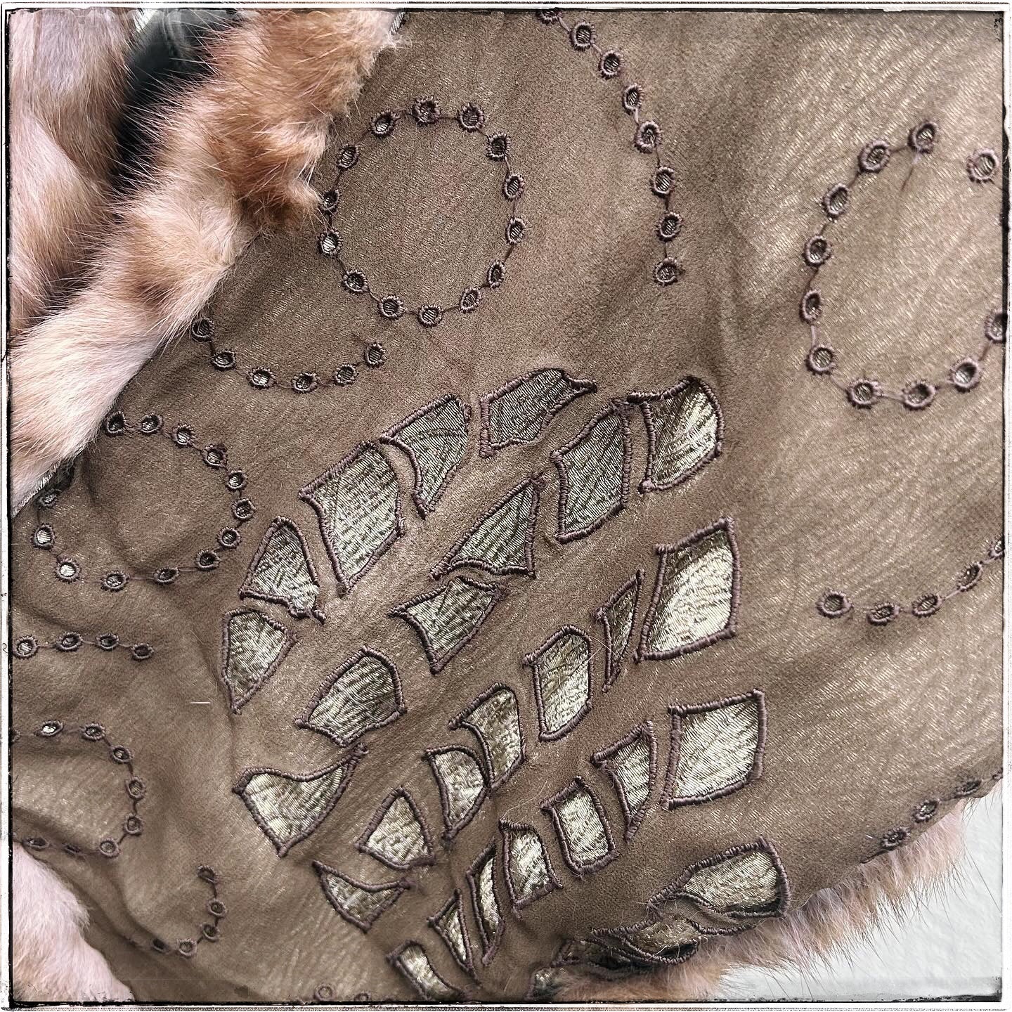 Vintage Large Brown Embroidered Real Fur Stole