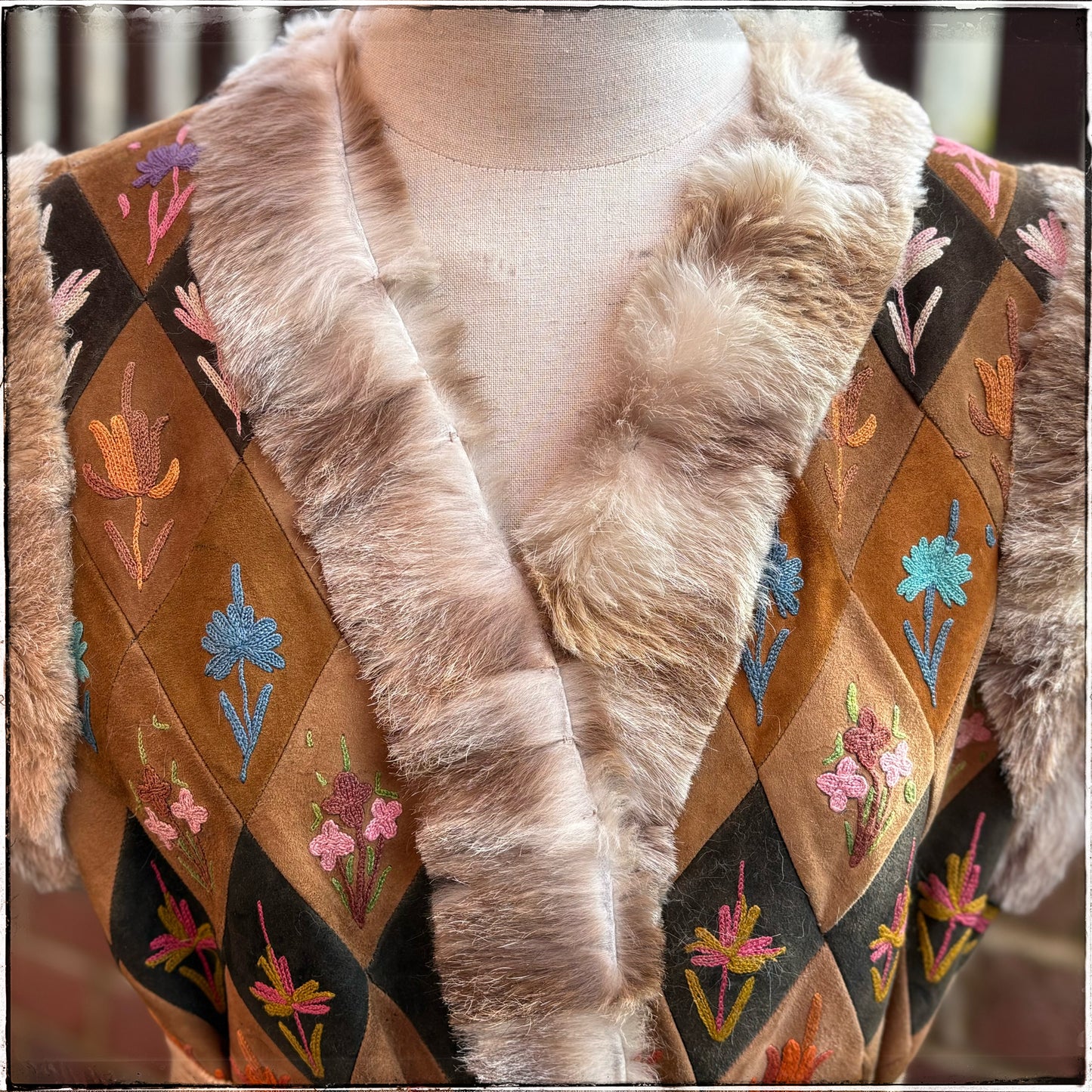 Vintage 70s Suede Embroidered Fur Trim Gilet Waistcoat