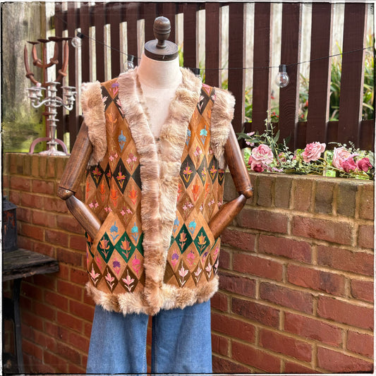 Vintage 70s Suede Embroidered Fur Trim Gilet Waistcoat