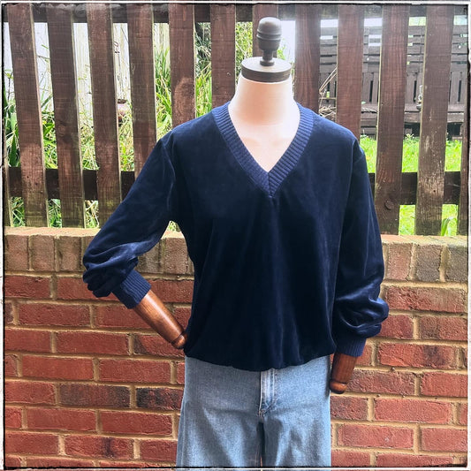 Vintage 80s Navy Velour V Neck Sweatshirt