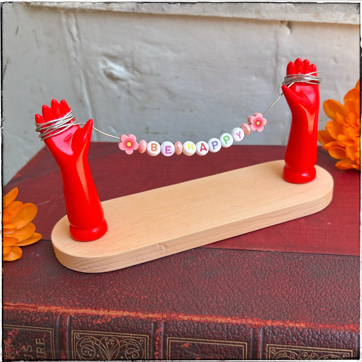 Medium Recycled Porcelain Doll Arm Sign Holder - Be Happy