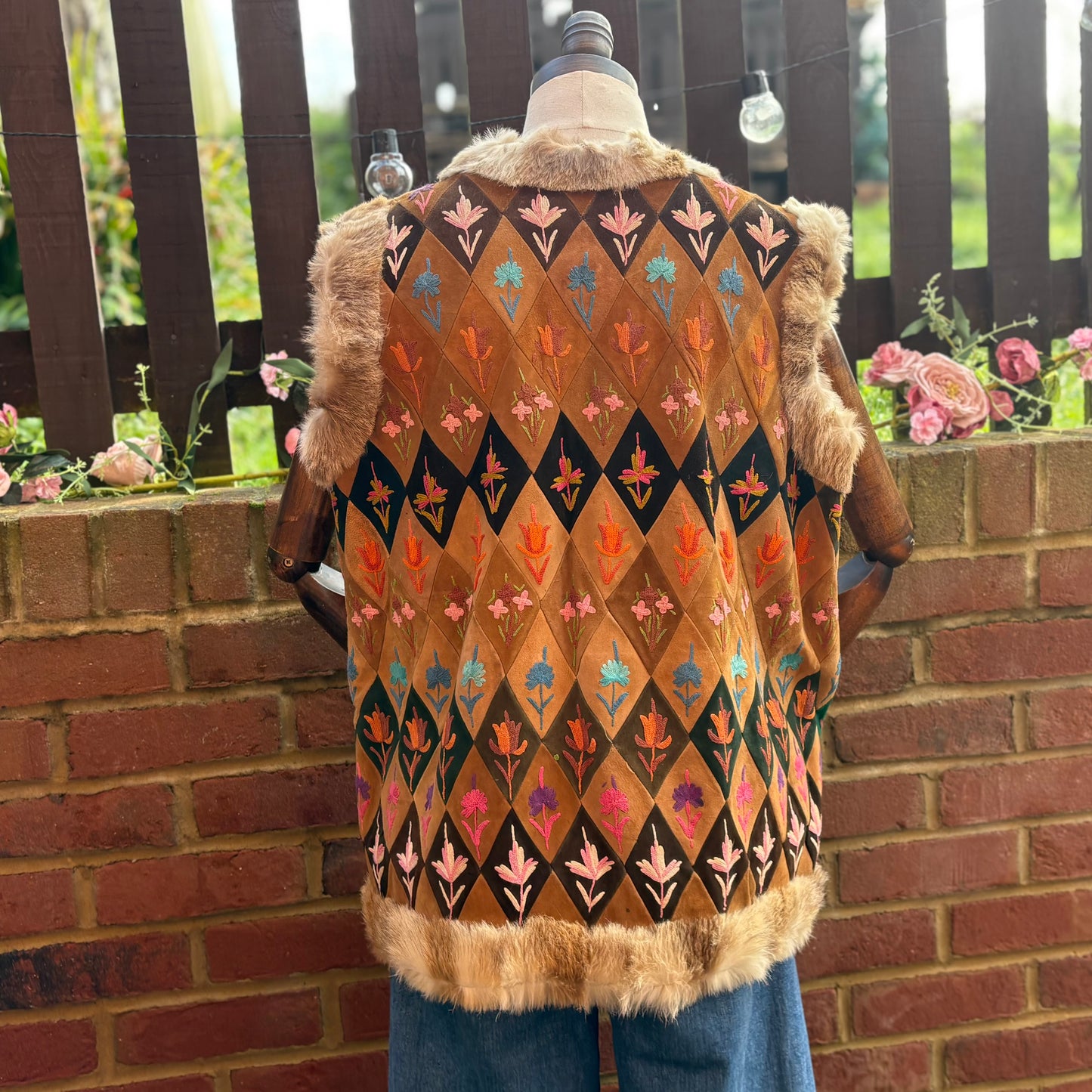 Vintage 70s Suede Embroidered Fur Trim Gilet Waistcoat