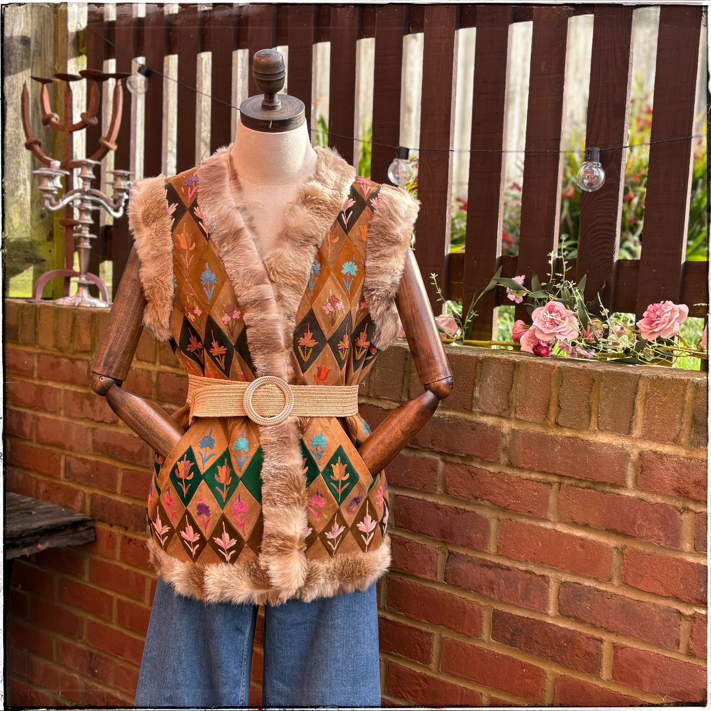 Vintage 70s Suede Embroidered Fur Trim Gilet Waistcoat