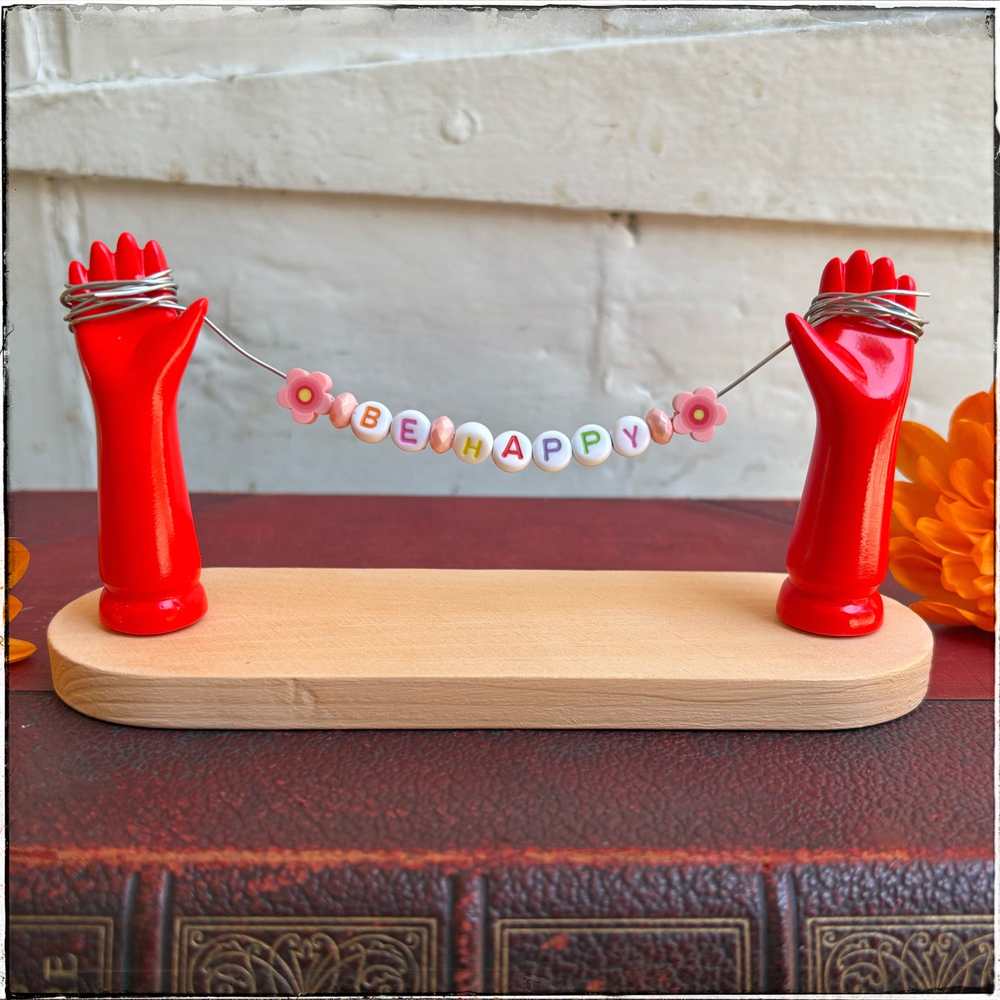 Medium Recycled Porcelain Doll Arm Sign Holder - Be Happy