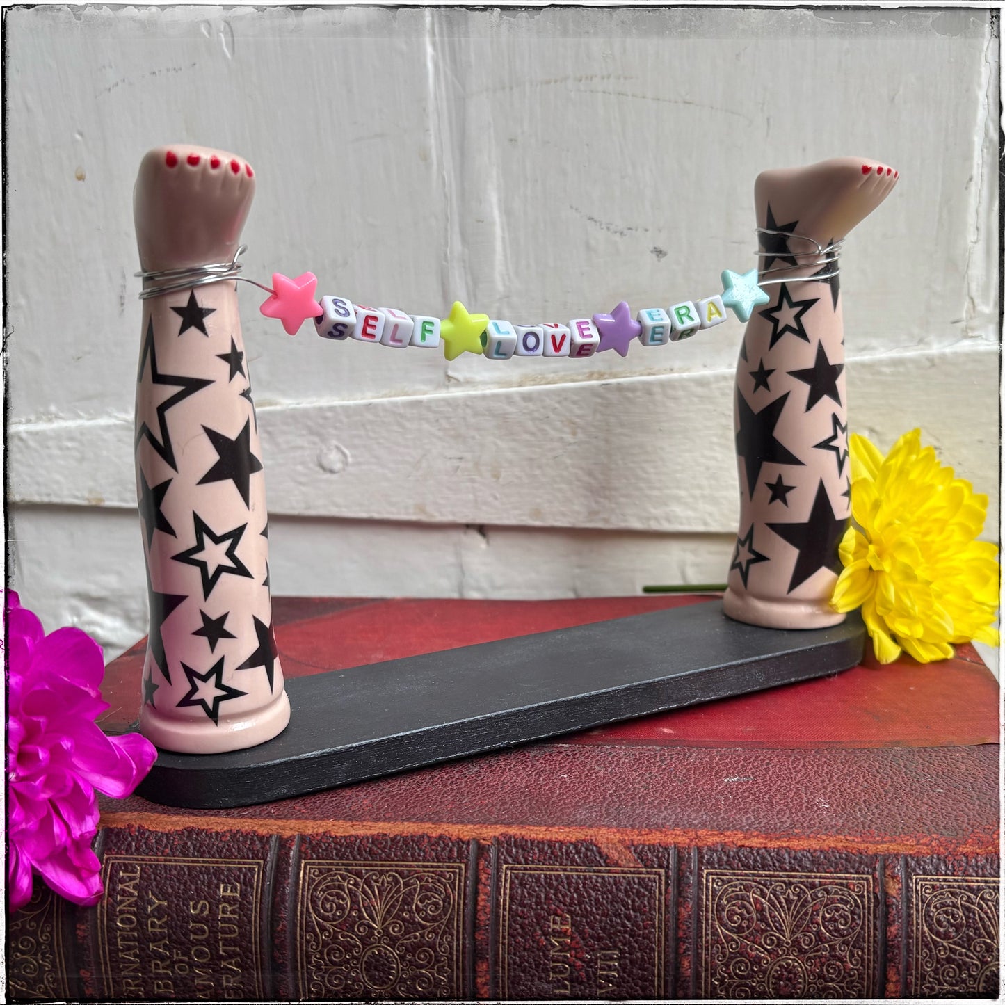 Large Recycled Porcelain Doll Leg Sign Holder - Self Love Era