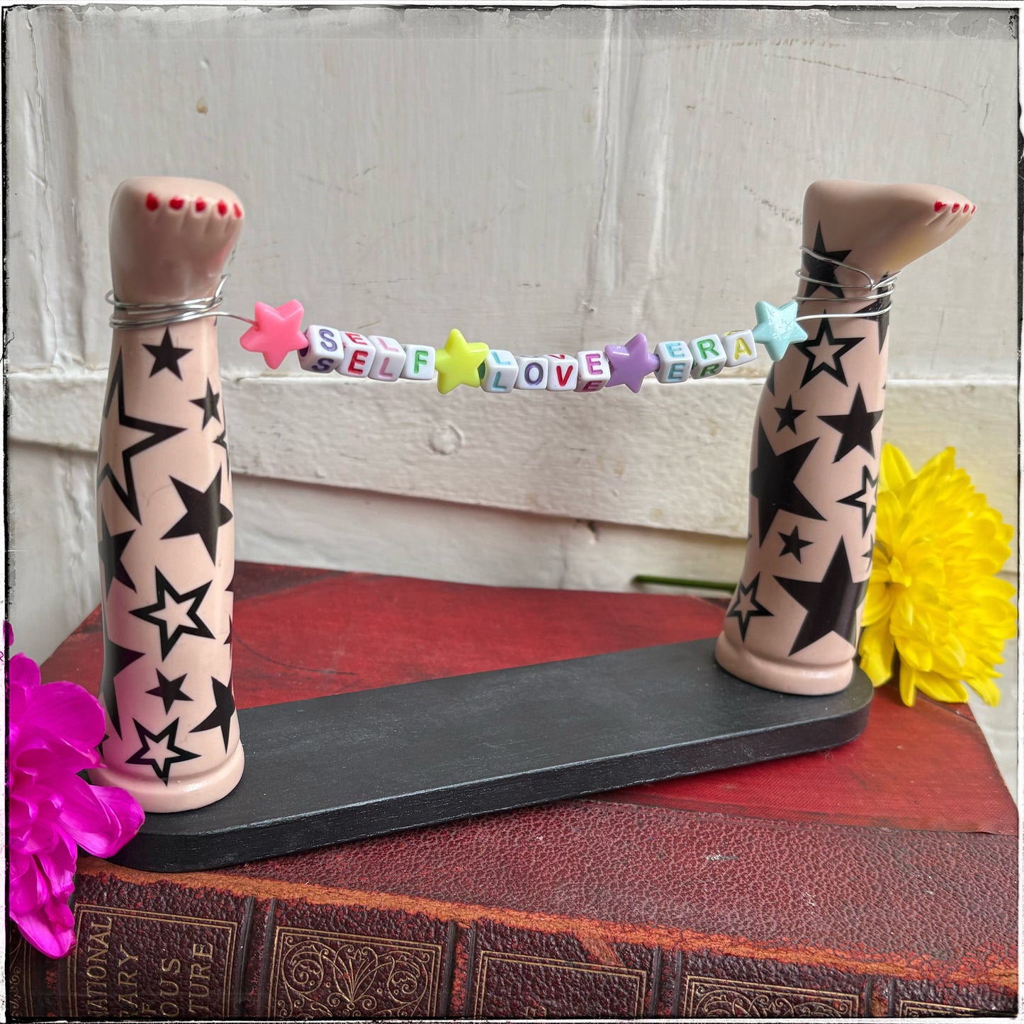 Large Recycled Porcelain Doll Leg Sign Holder - Self Love Era