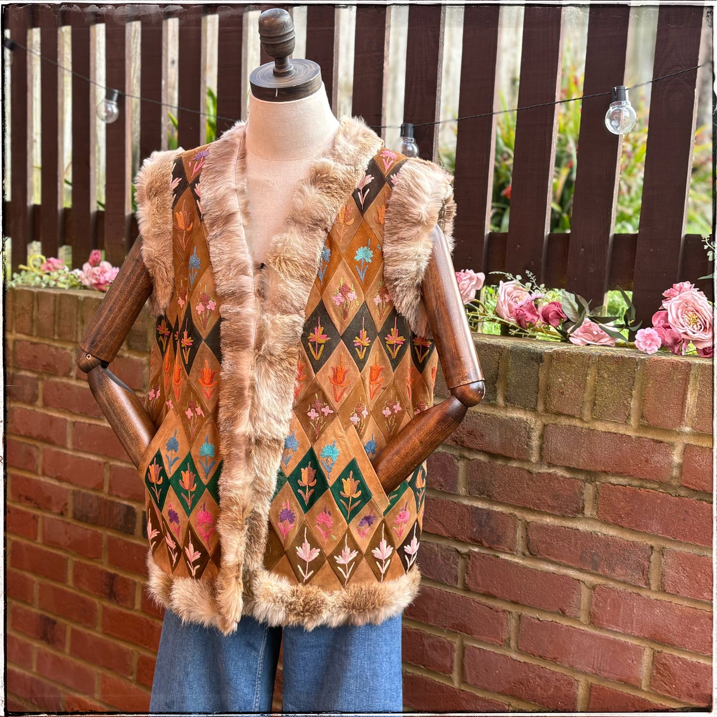 Vintage 70s Suede Embroidered Fur Trim Gilet Waistcoat