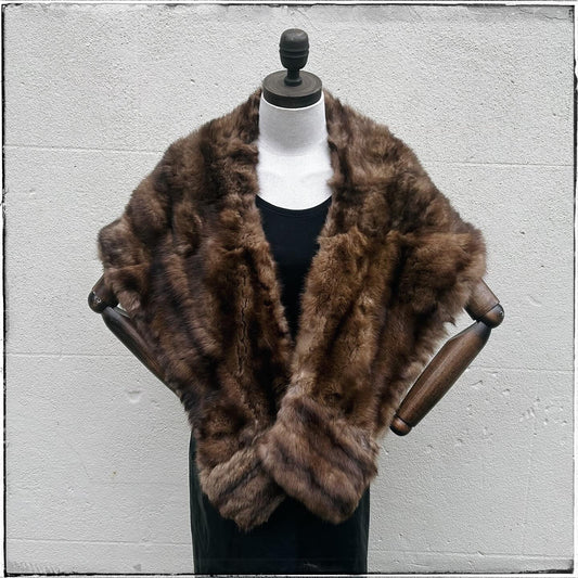 Vintage Large Brown Embroidered Real Fur Stole