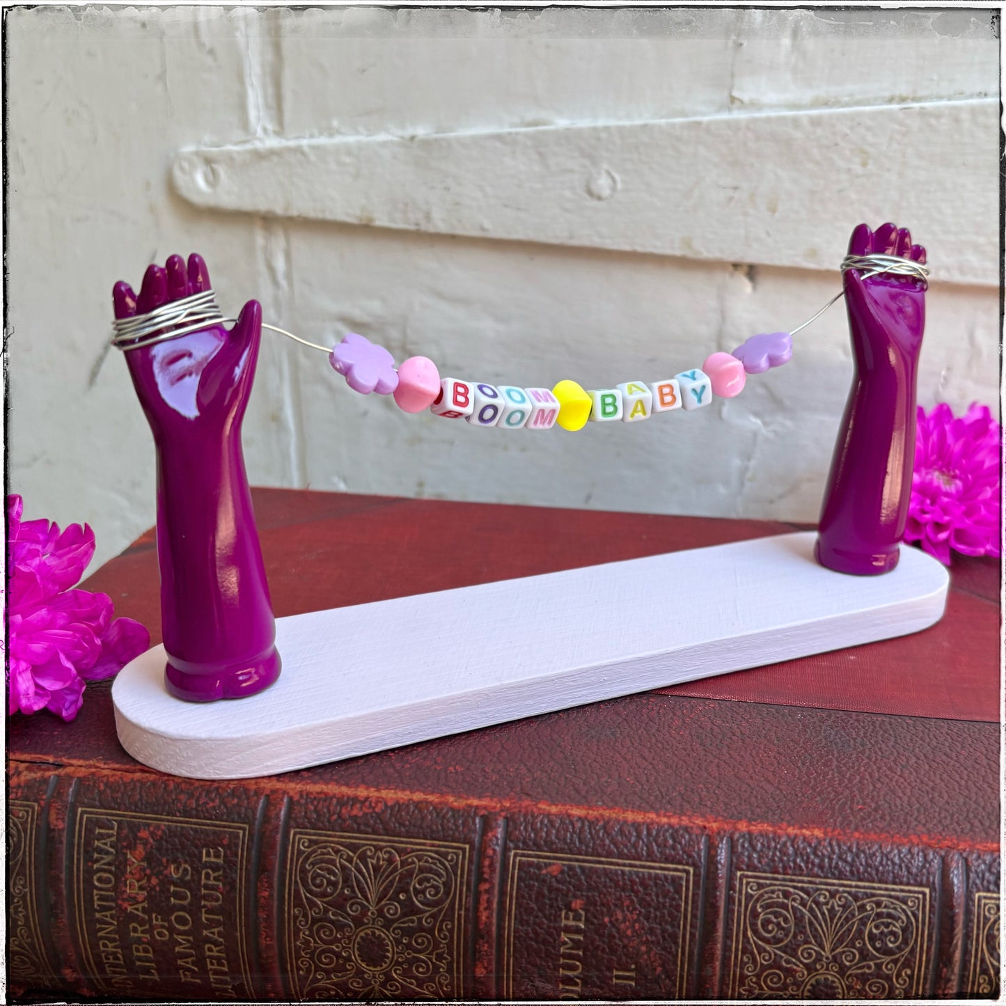 Large Recycled Porcelain Doll Leg Sign Holder - BOOM BABY