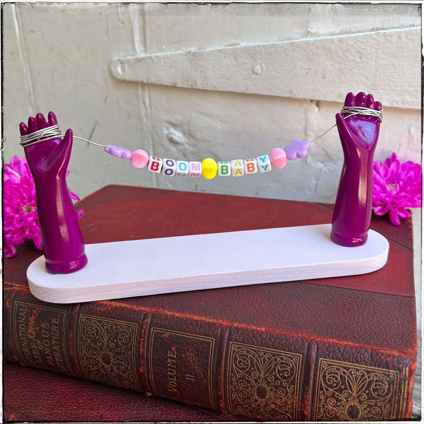 Large Recycled Porcelain Doll Leg Sign Holder - BOOM BABY