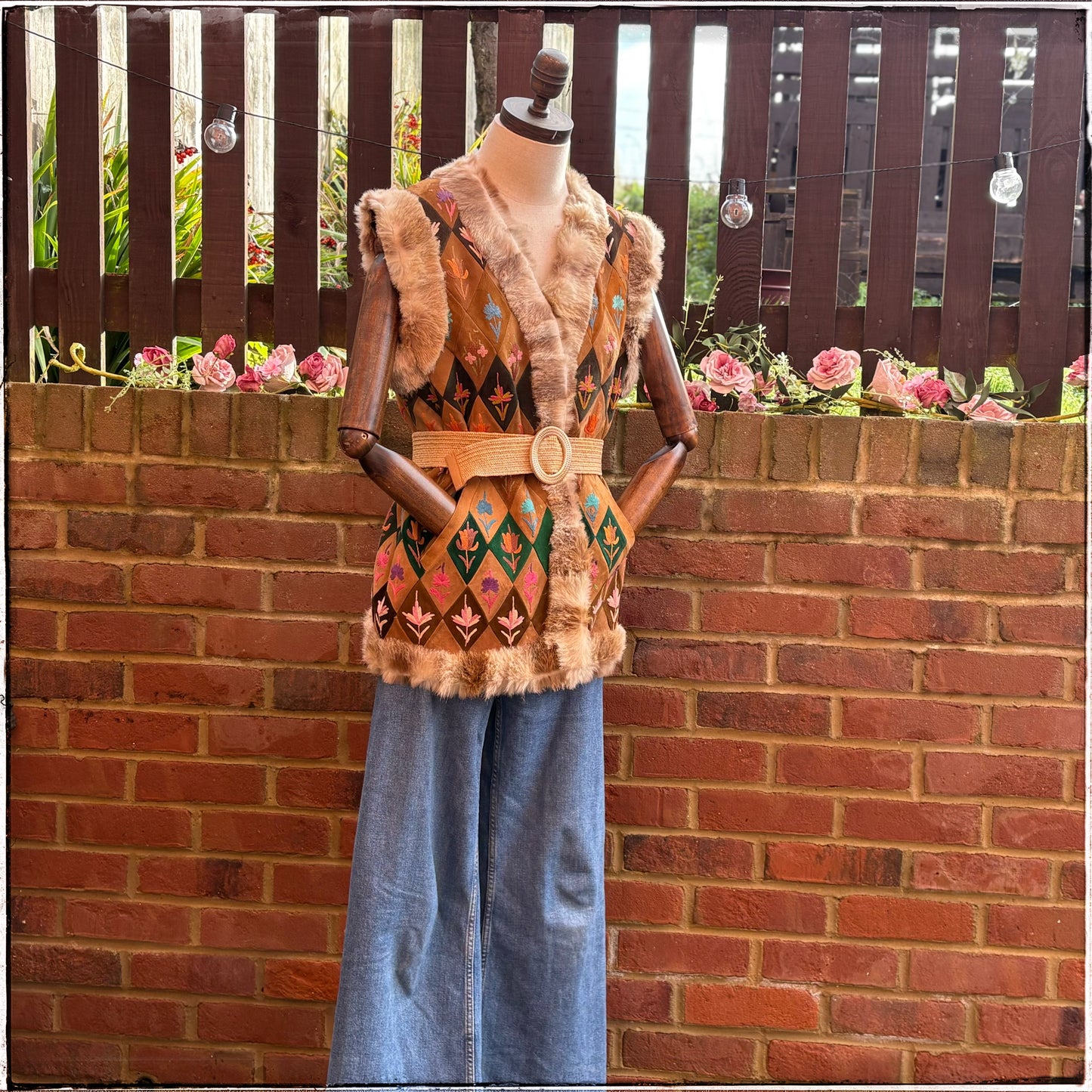 Vintage 70s Suede Embroidered Fur Trim Gilet Waistcoat