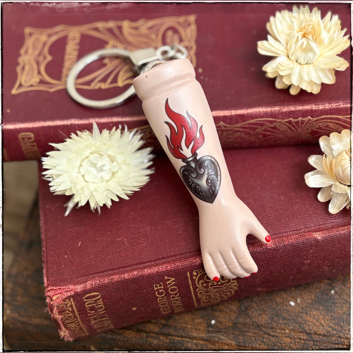 Porcelain Doll Arm Key Ring - Flaming Heart