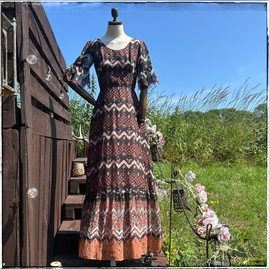 70s Vintage Geometric Print Maxi Dress