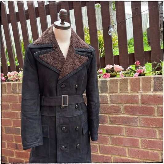 Vintage 70s Black Belted Sheepskin Coat