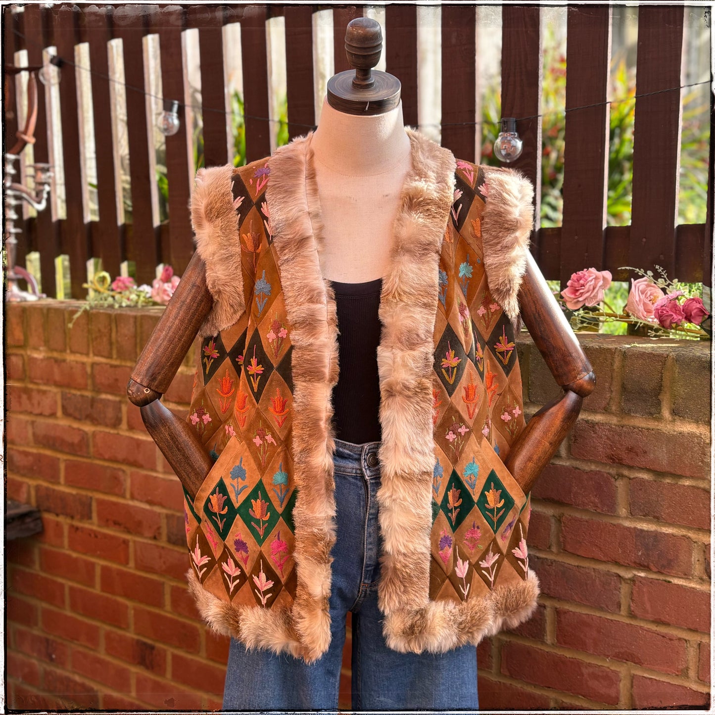 Vintage 70s Suede Embroidered Fur Trim Gilet Waistcoat