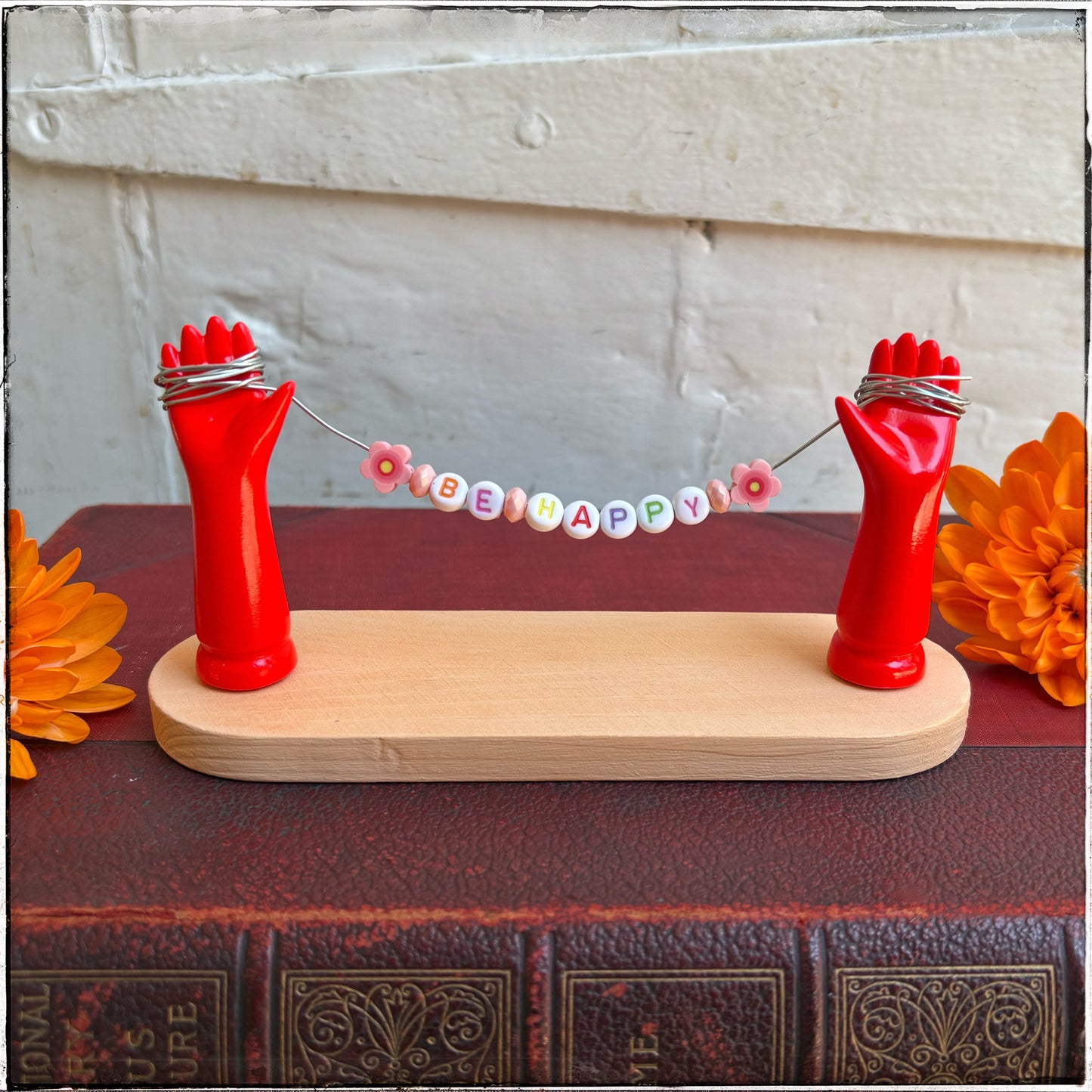 Medium Recycled Porcelain Doll Arm Sign Holder - Be Happy