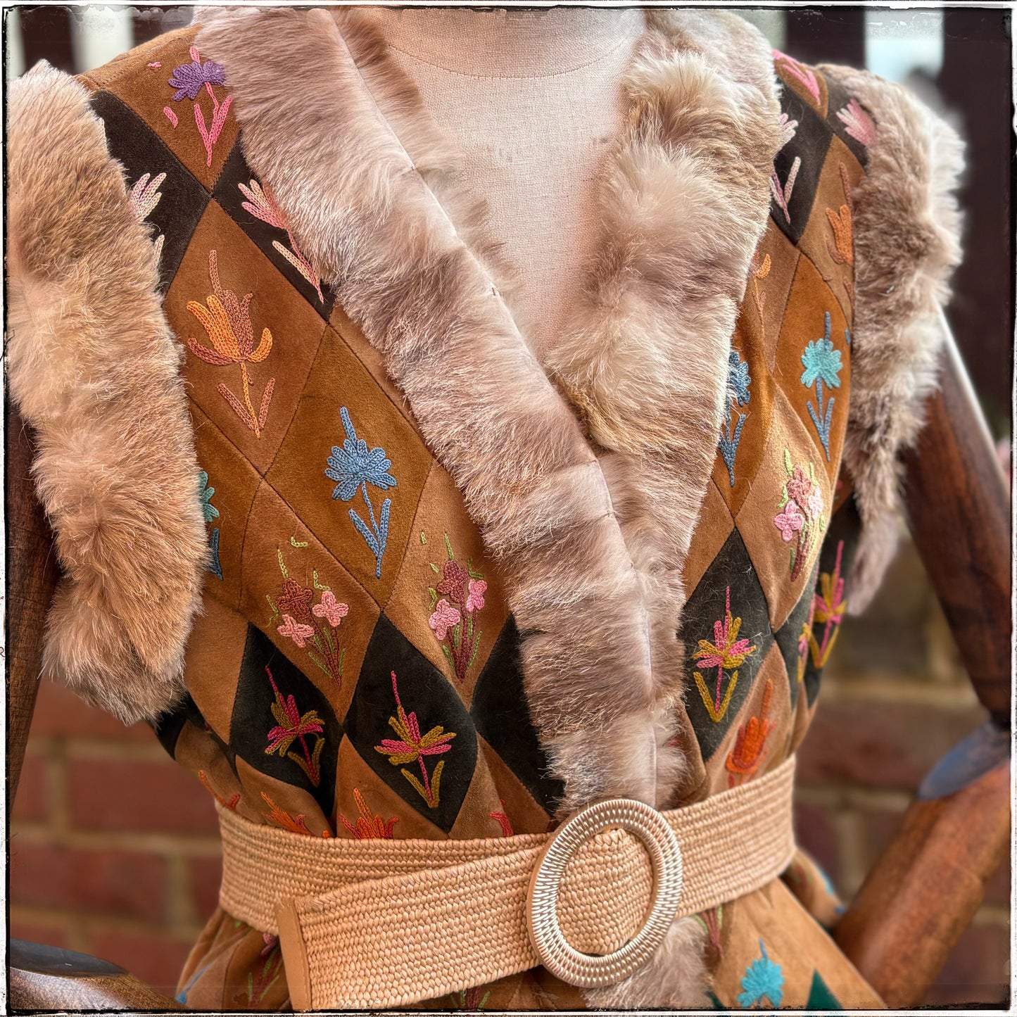 Vintage 70s Suede Embroidered Fur Trim Gilet Waistcoat