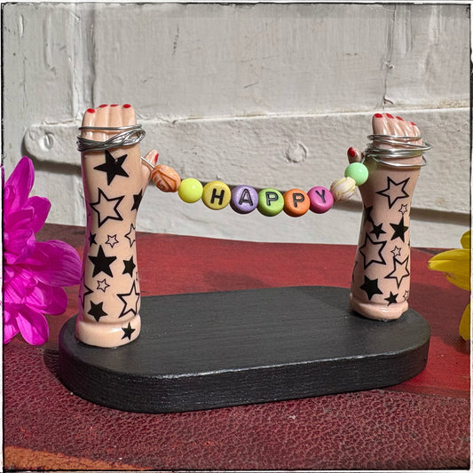 Small Recycled Porcelain Doll Arm Sign Holder - Happy