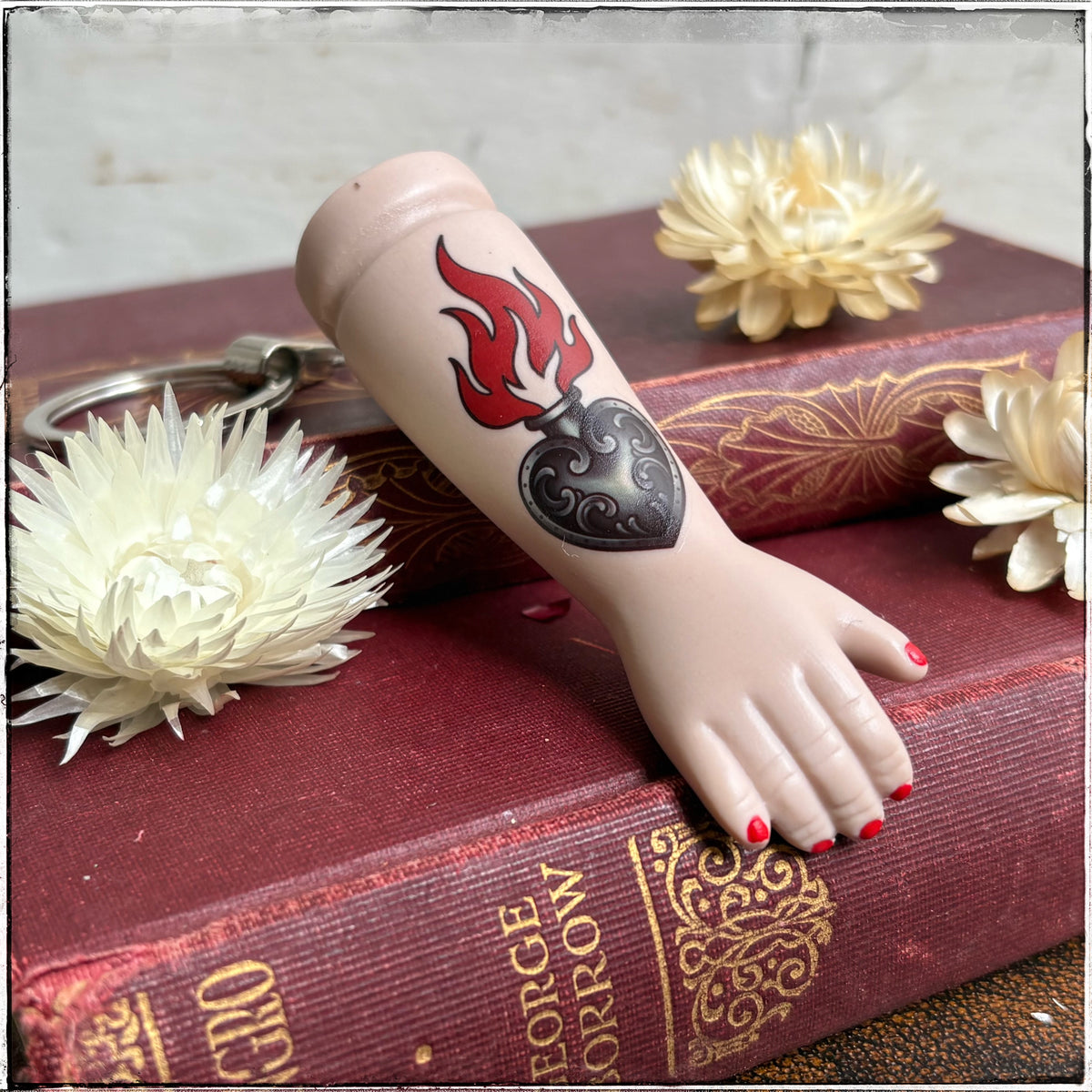 Porcelain Doll Arm Key Ring - Flaming Heart