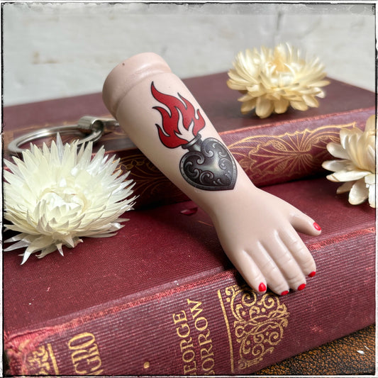 Porcelain Doll Arm Key Ring - Flaming Heart