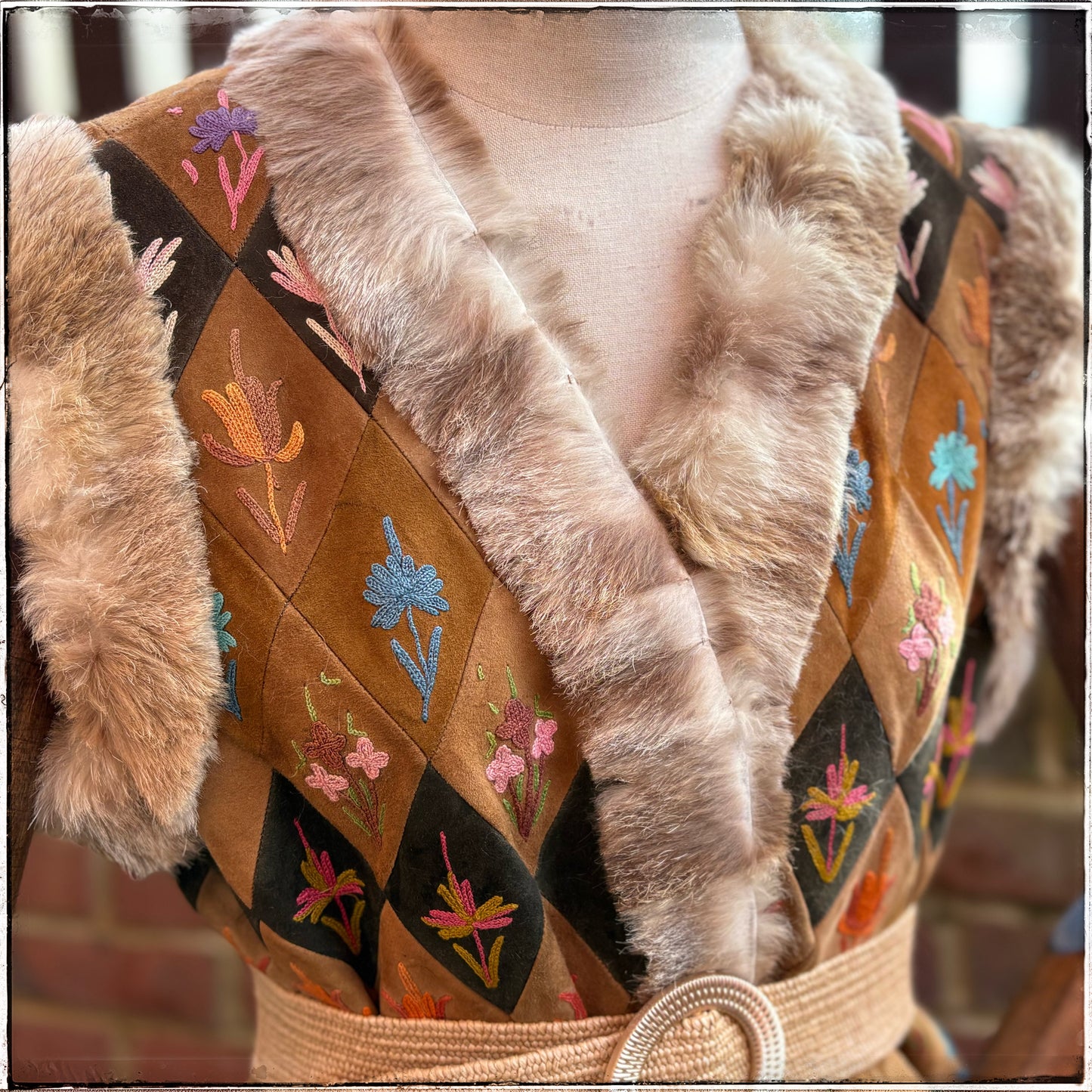 Vintage 70s Suede Embroidered Fur Trim Gilet Waistcoat