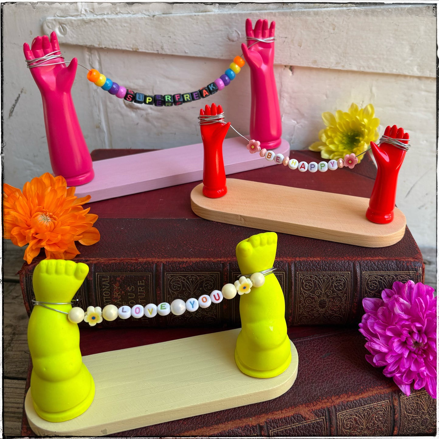 Medium Recycled Porcelain Doll Arm Sign Holder - Be Happy