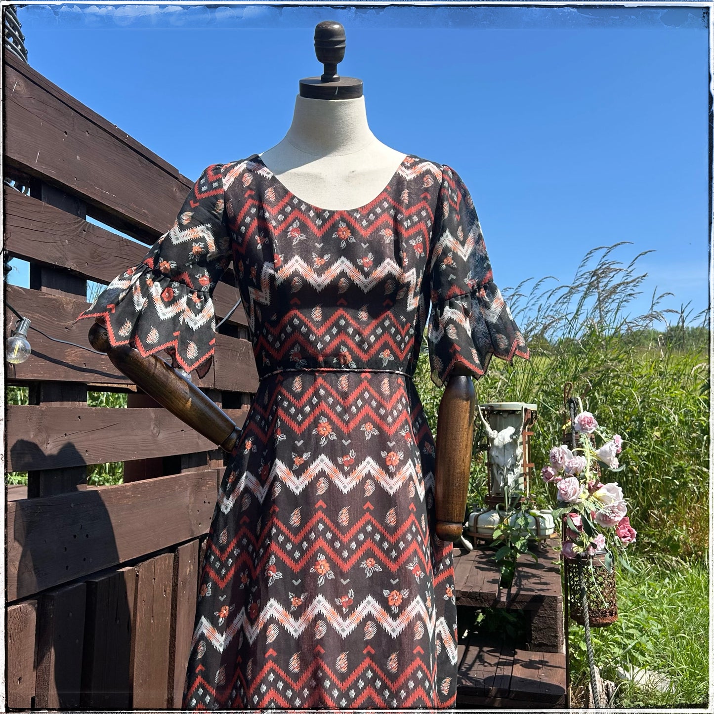 70s Vintage Geometric Print Maxi Dress