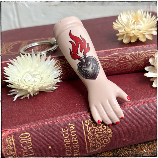 Porcelain Doll Arm Key Ring - Flaming Heart