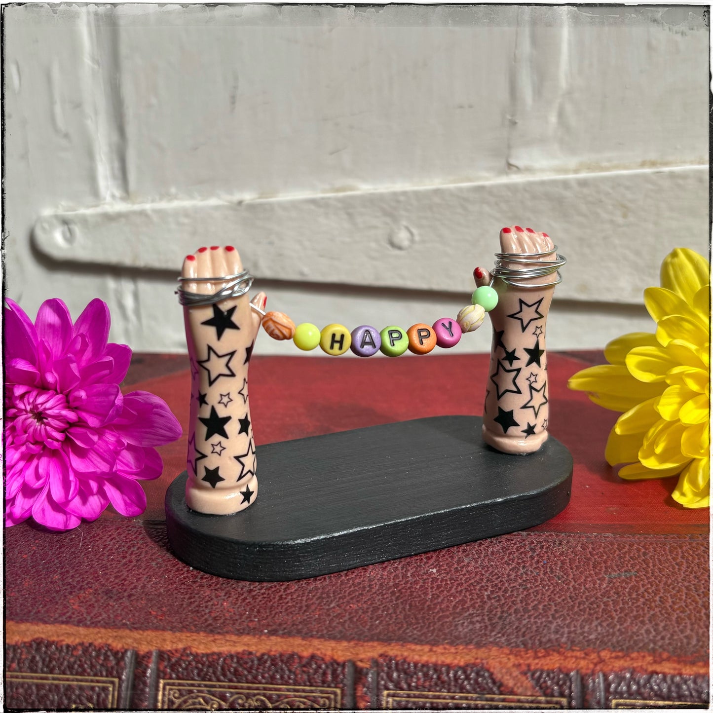 Small Recycled Porcelain Doll Arm Sign Holder - Happy