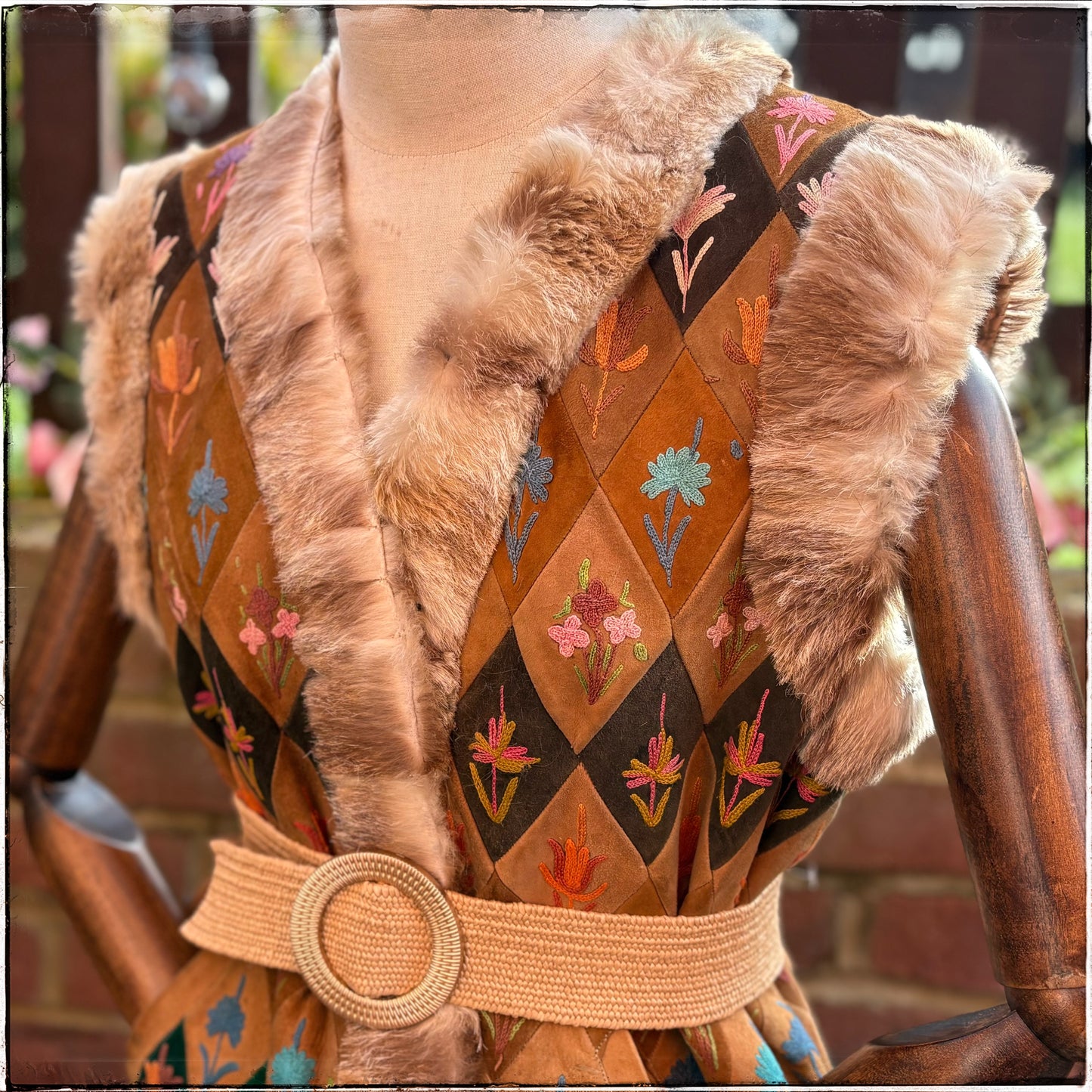 Vintage 70s Suede Embroidered Fur Trim Gilet Waistcoat