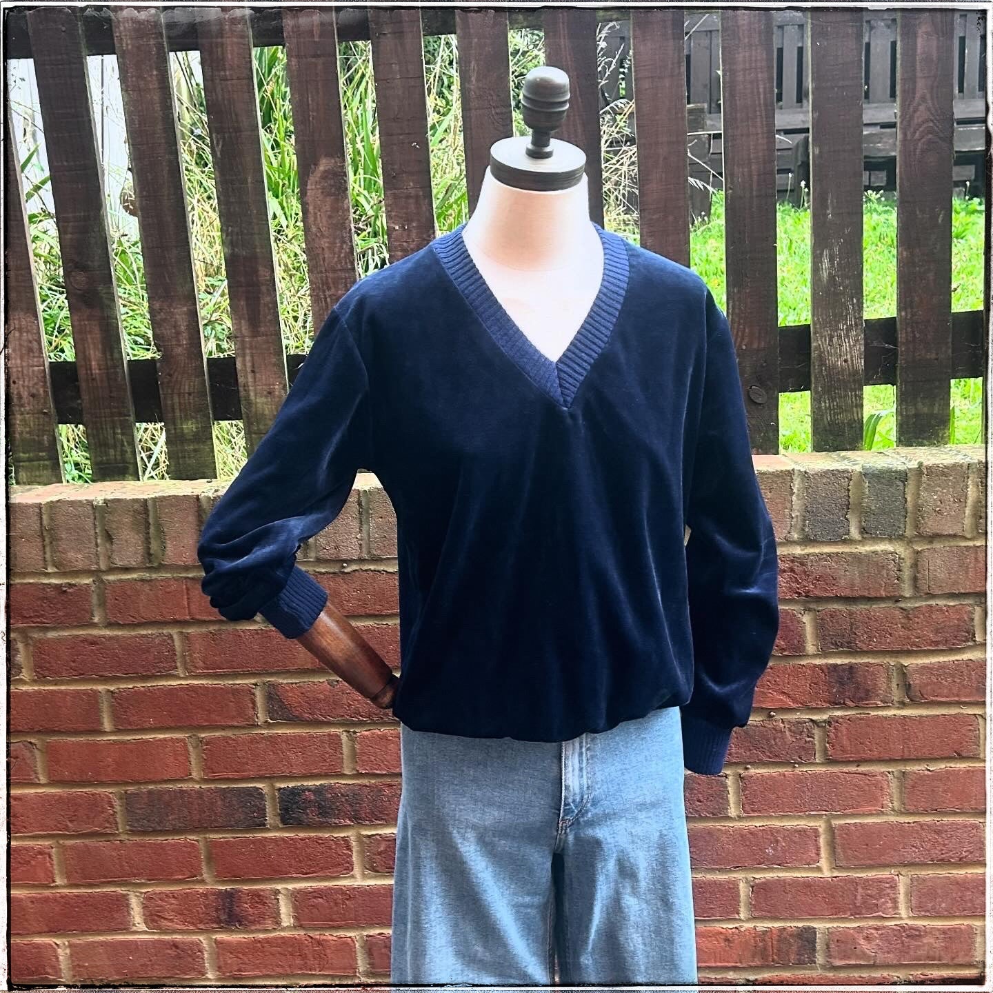 Vintage 80s Navy Velour V Neck Sweatshirt